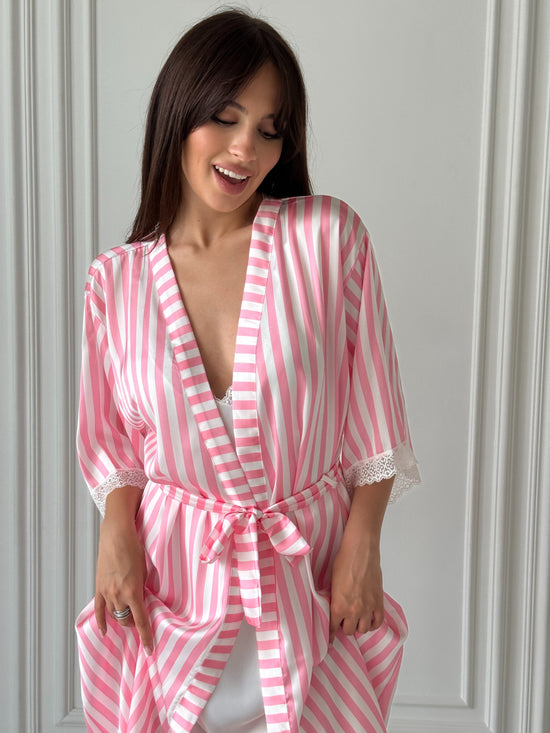 White Satin Nightgown & Pink Striped Robe Set