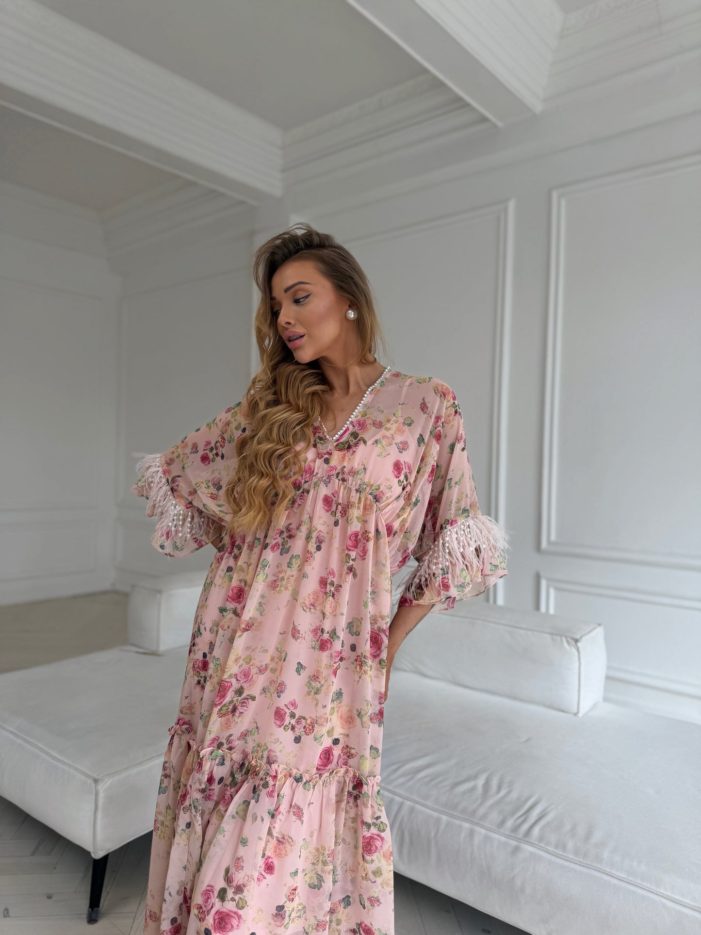 Beaded Feather Sleeve Dress