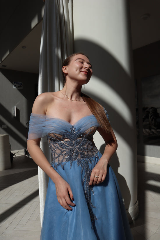 Blue Off-Shoulder Evening Gown