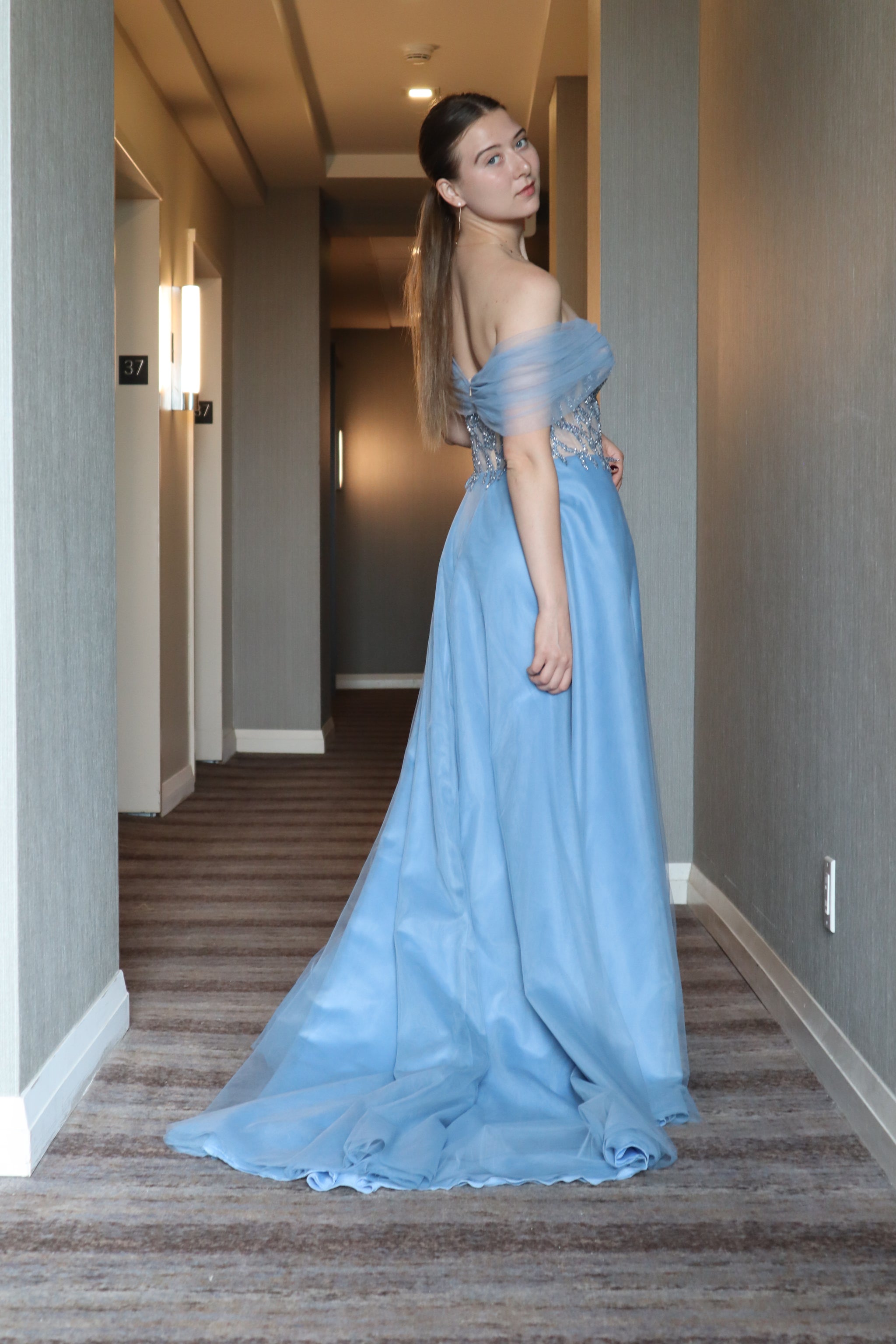Blue Off-Shoulder Evening Gown