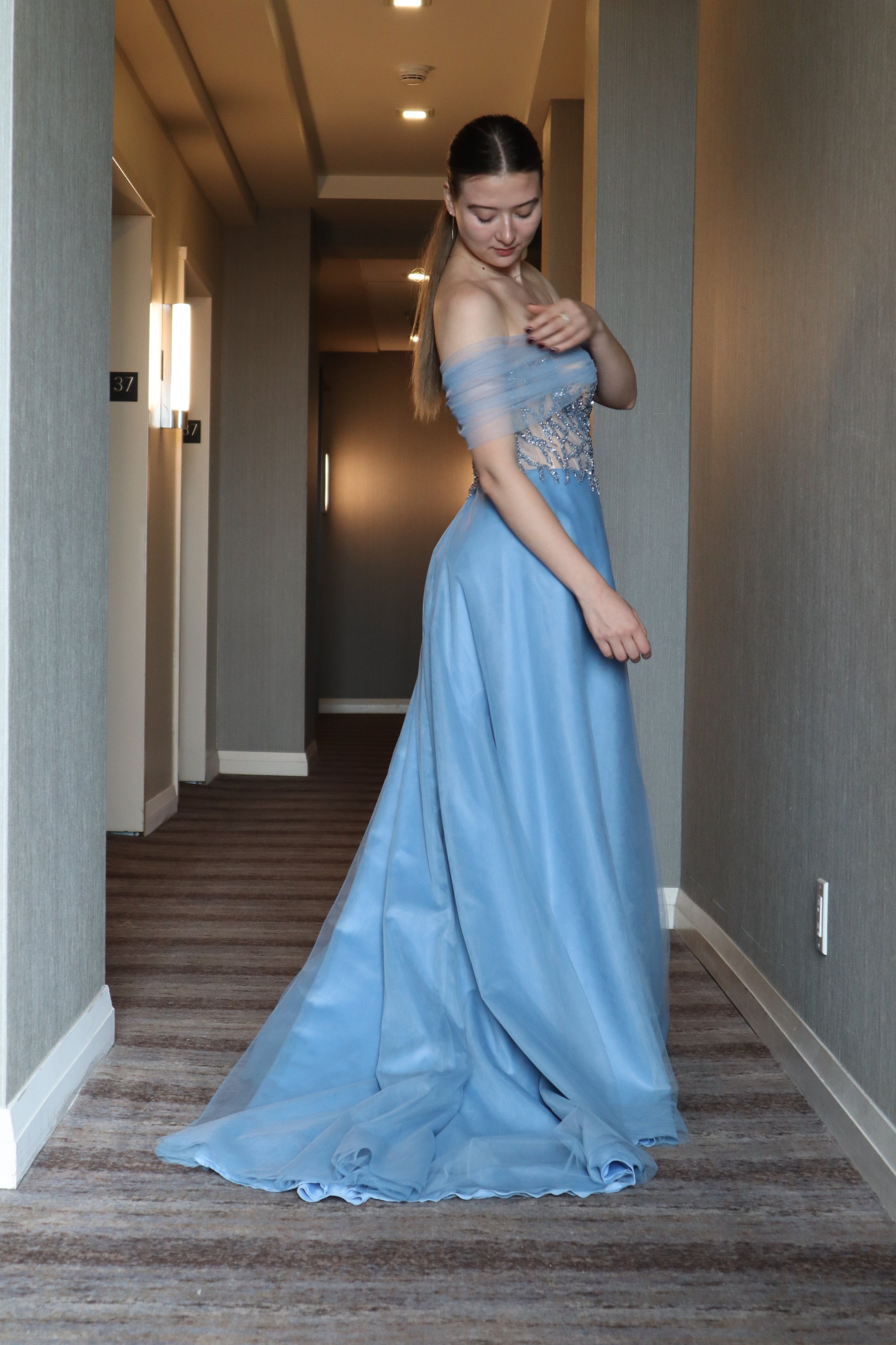 Blue Off-Shoulder Evening Gown