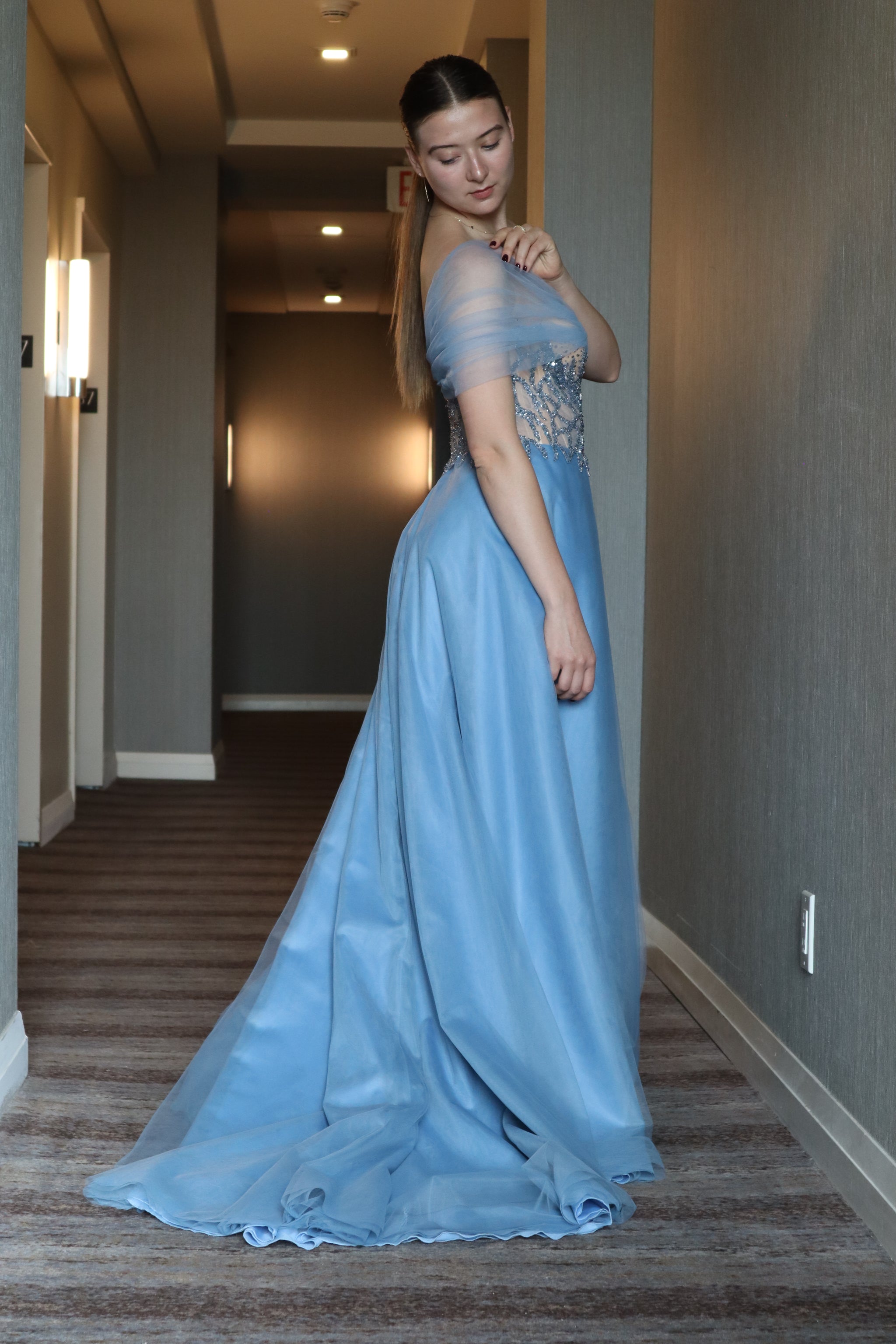 Blue Off-Shoulder Evening Gown