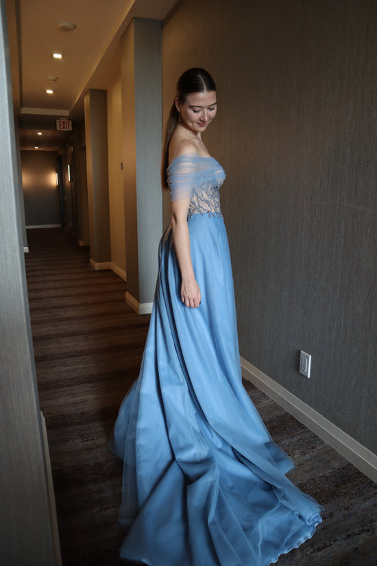 Blue Off-Shoulder Evening Gown