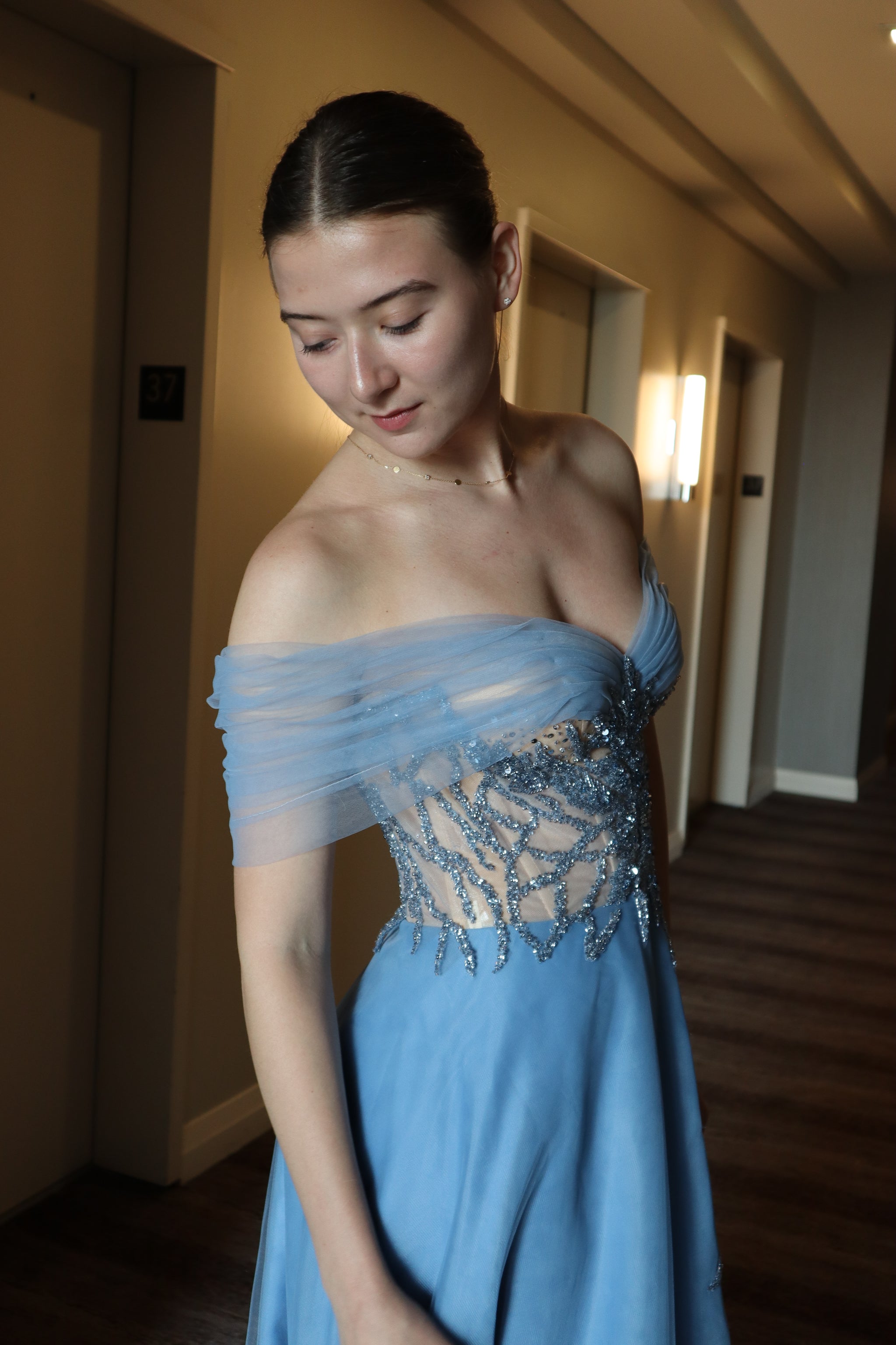 Blue Off-Shoulder Evening Gown