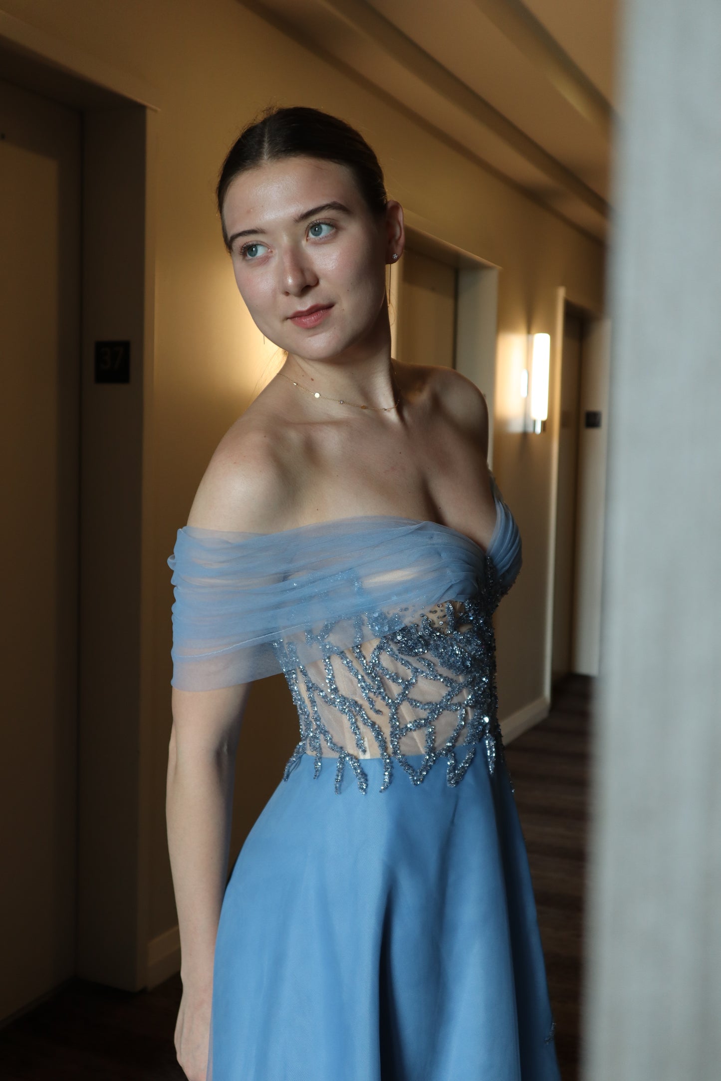 Blue Off-Shoulder Evening Gown
