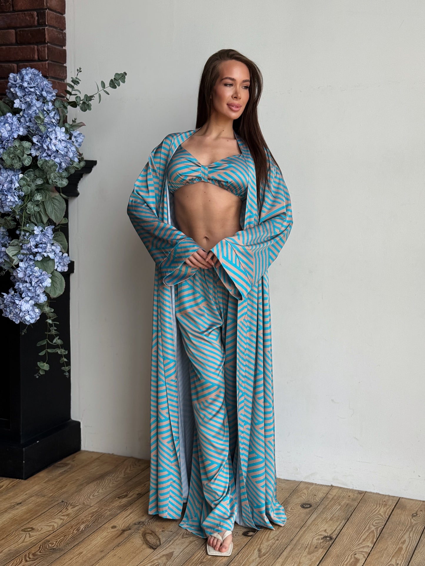 Turquoise Geometric Satin Lounge Set