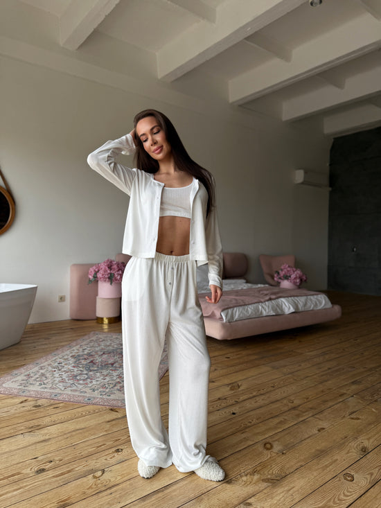 White Ribbed Knit Lounge Set