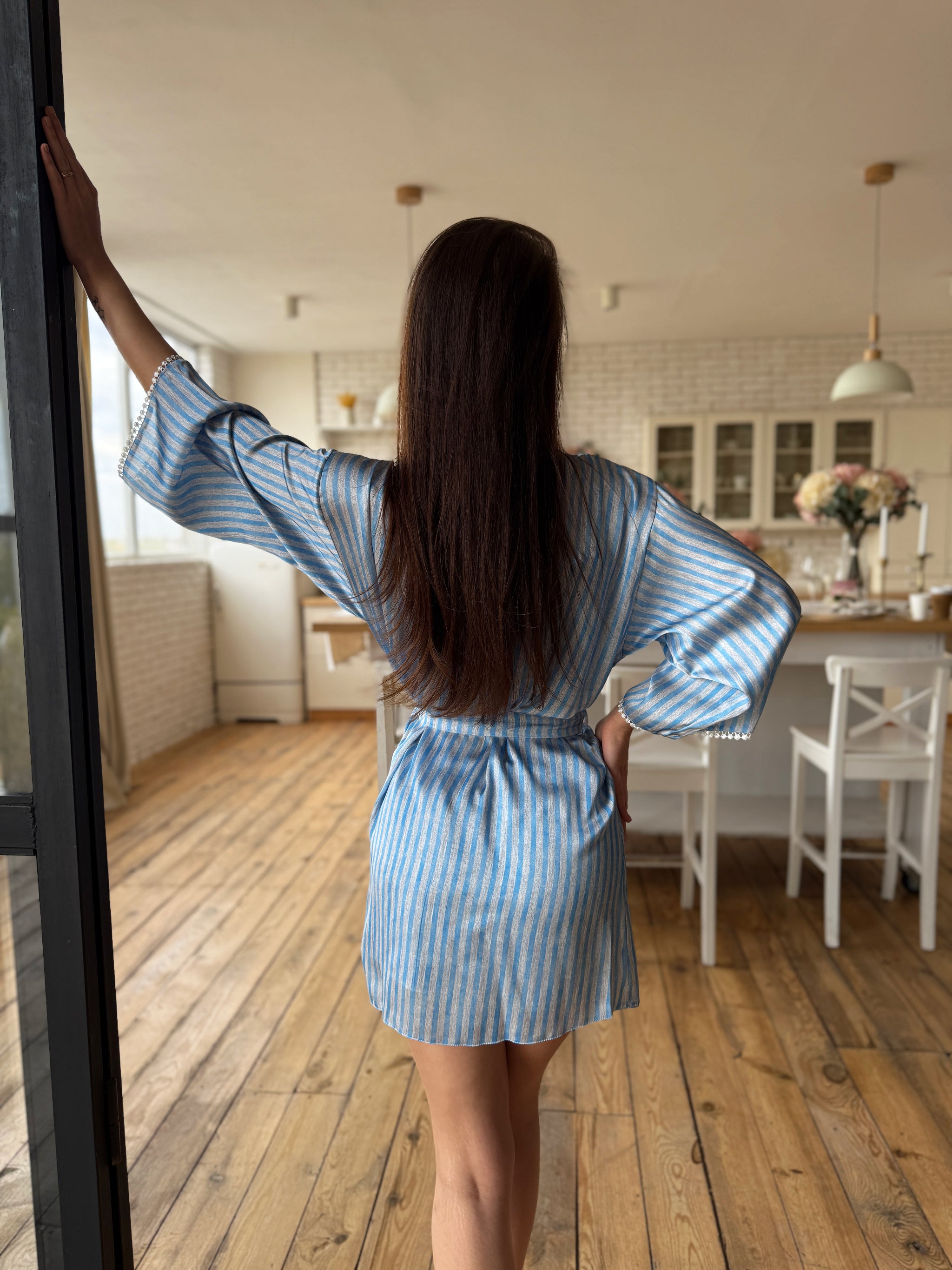 Blue Striped Satin Pajama Set