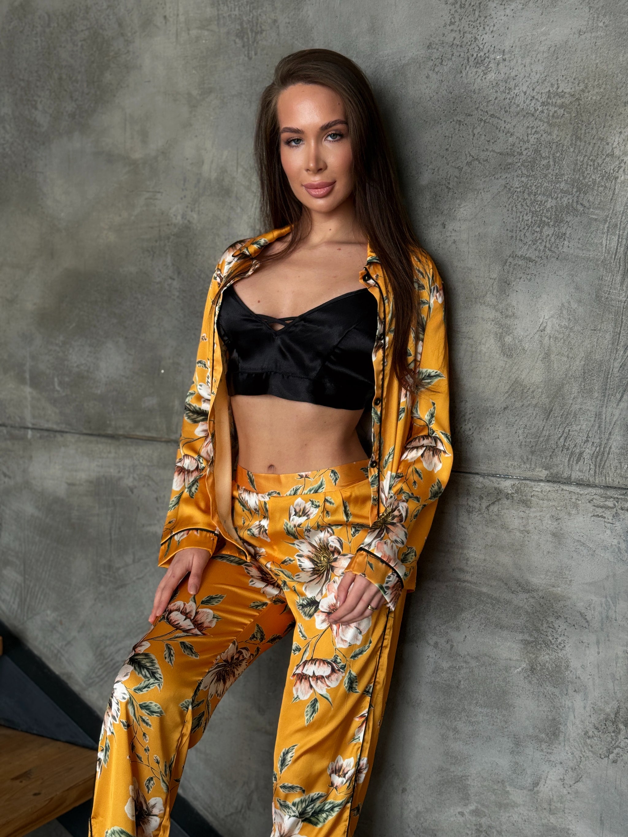 Yellow Floral Satin Pajama Set