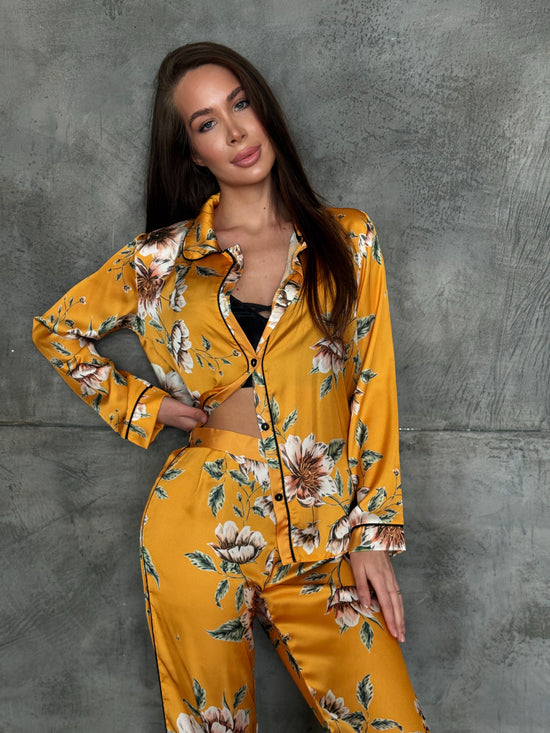 Yellow Floral Satin Pajama Set