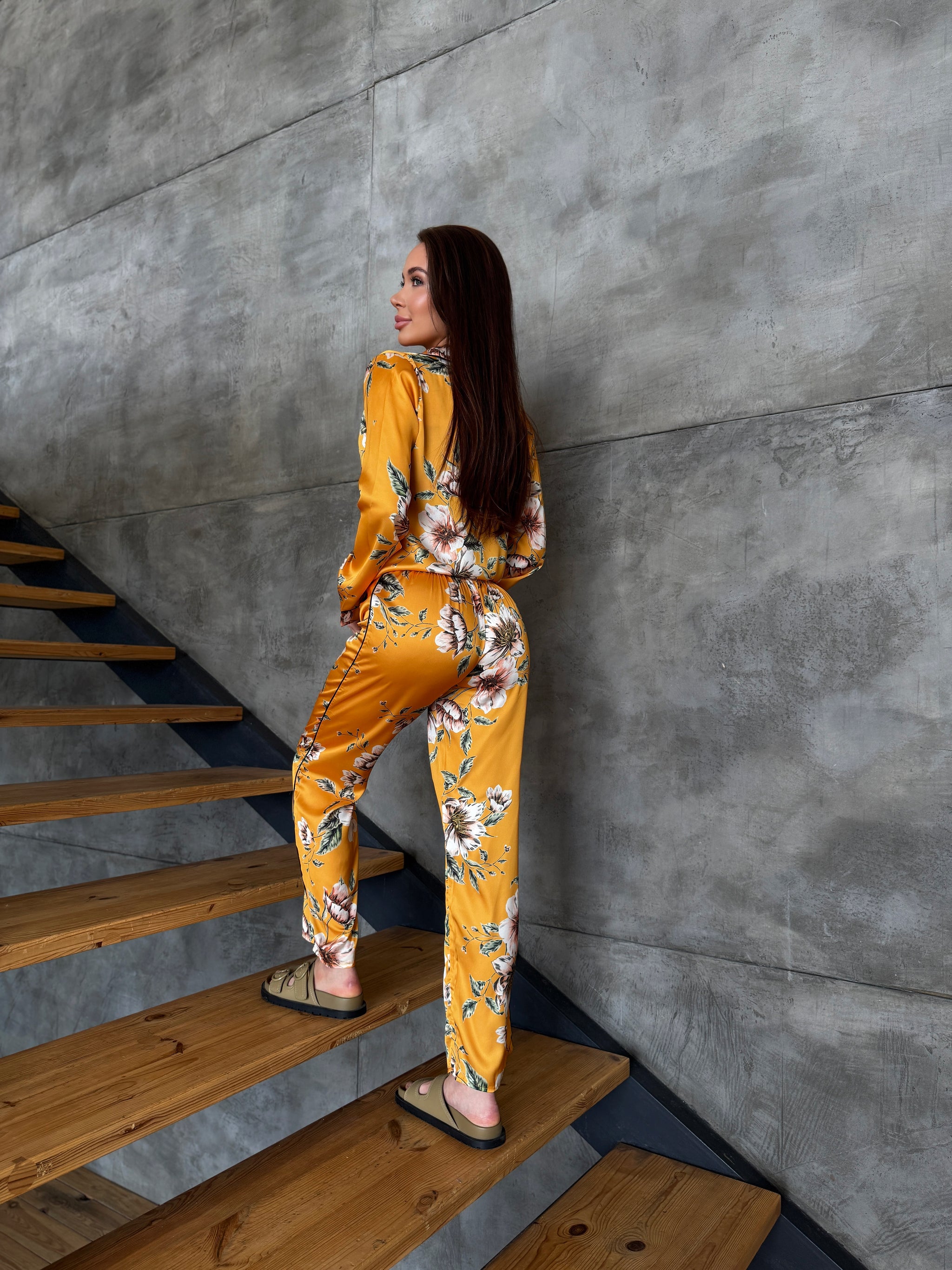 Yellow Floral Satin Pajama Set
