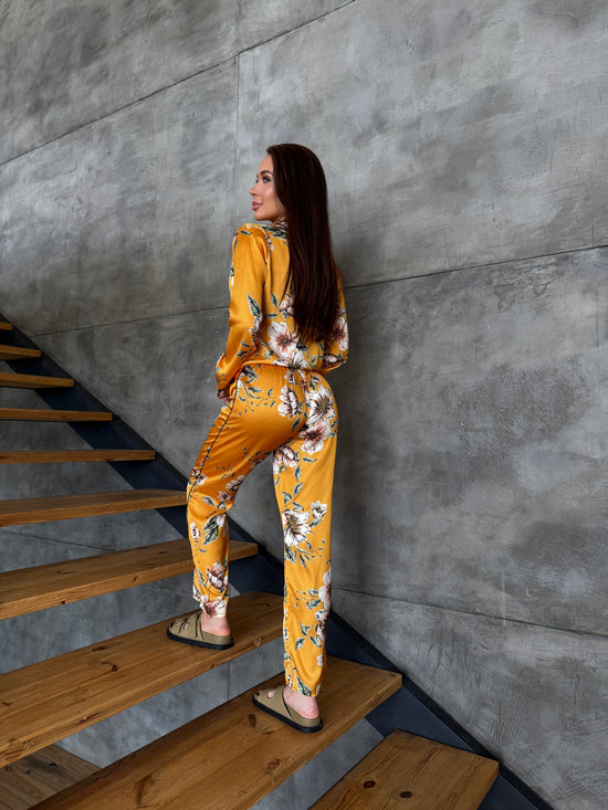 Yellow Floral Satin Pajama Set