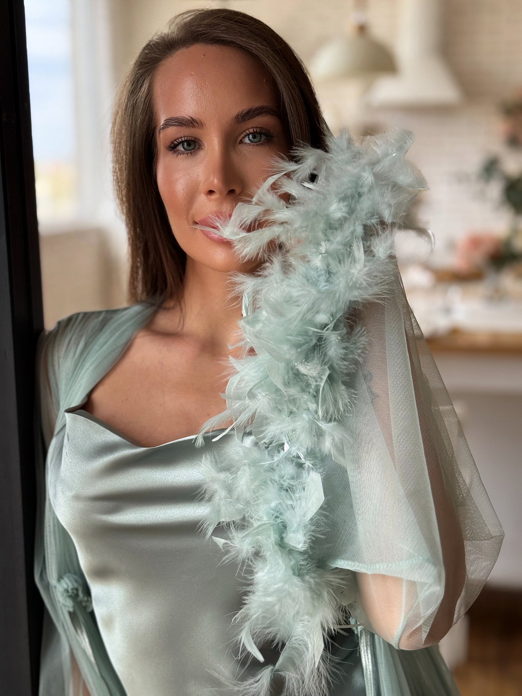 Sage Satin Nightgown & Feather Robe Set