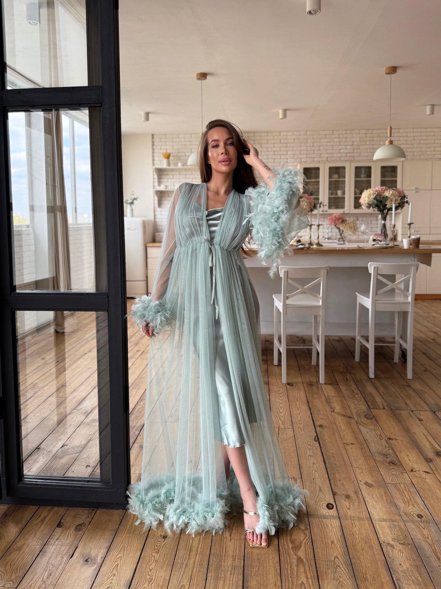 Sage Satin Nightgown & Feather Robe Set
