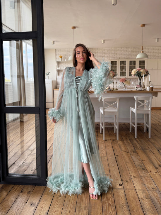 Sage Satin Nightgown & Feather Robe Set