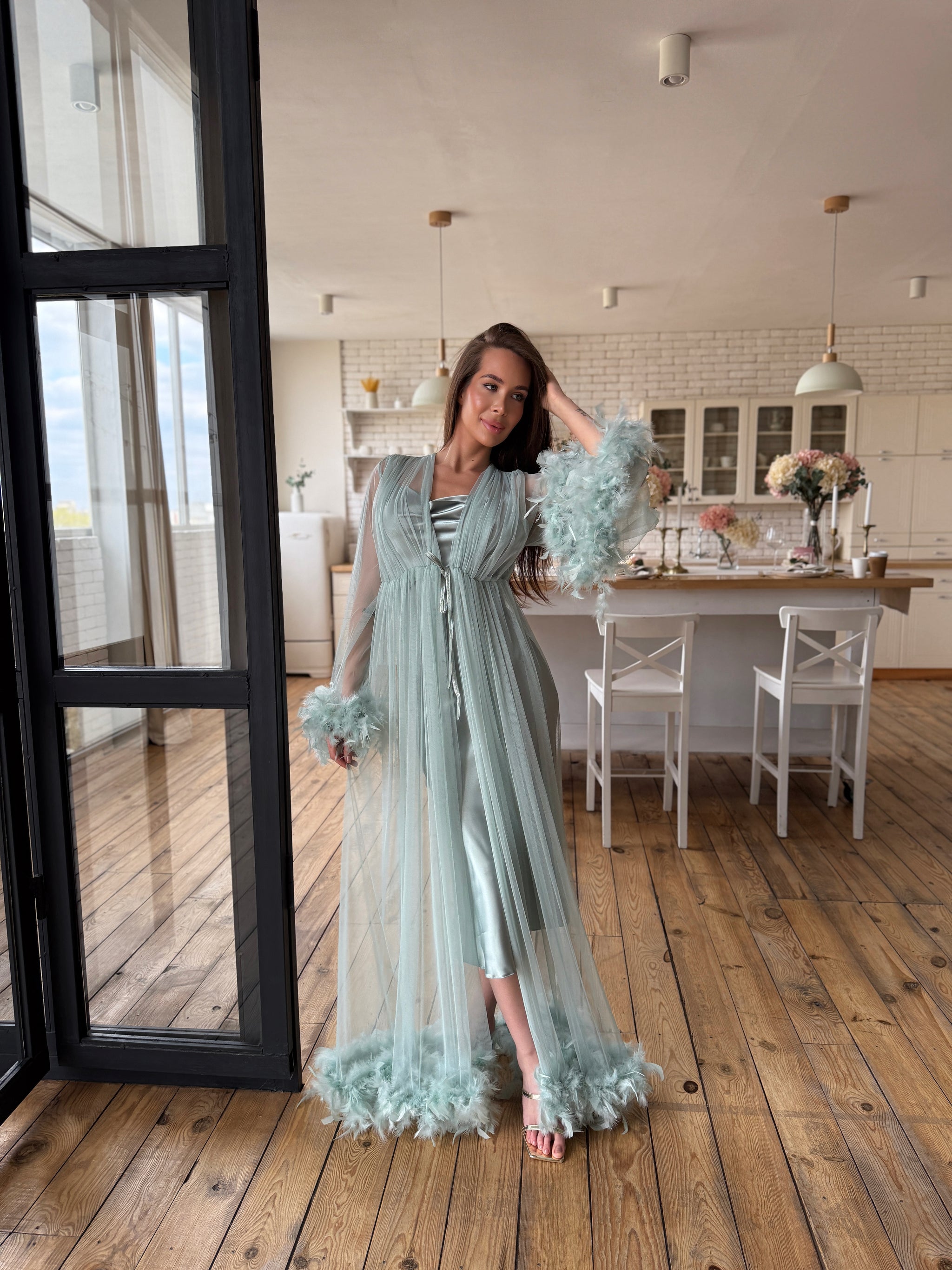 Sage Satin Nightgown & Feather Robe Set