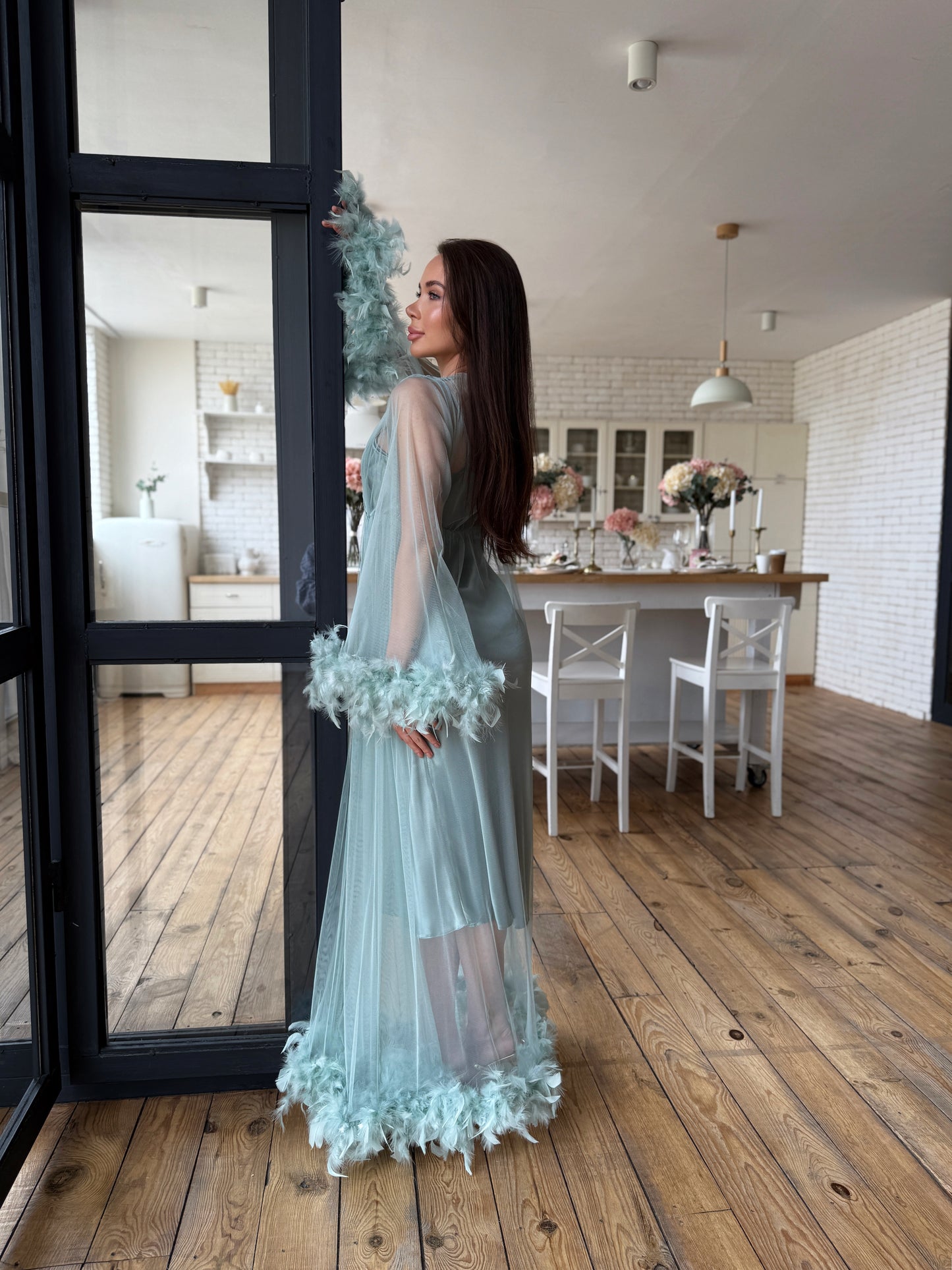 Sage Satin Nightgown & Feather Robe Set