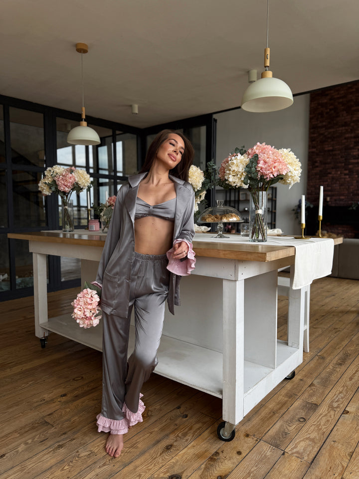 Silver Satin Pajama Set with Pink Ruffles
