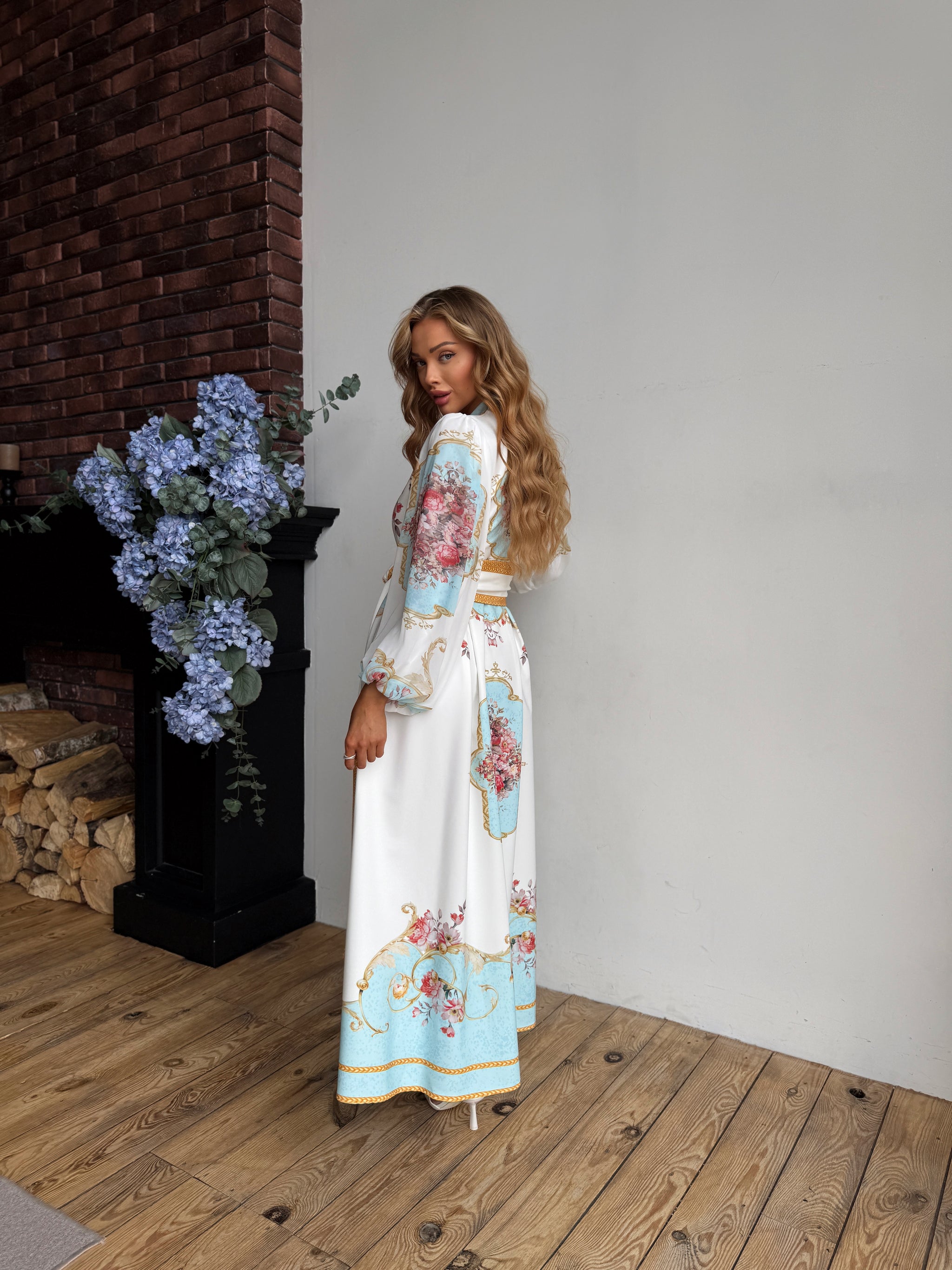 Elegant White Dress with Blue Pattern