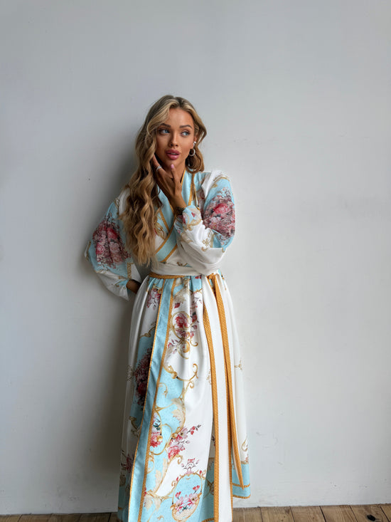 Elegant White Dress with Blue Pattern