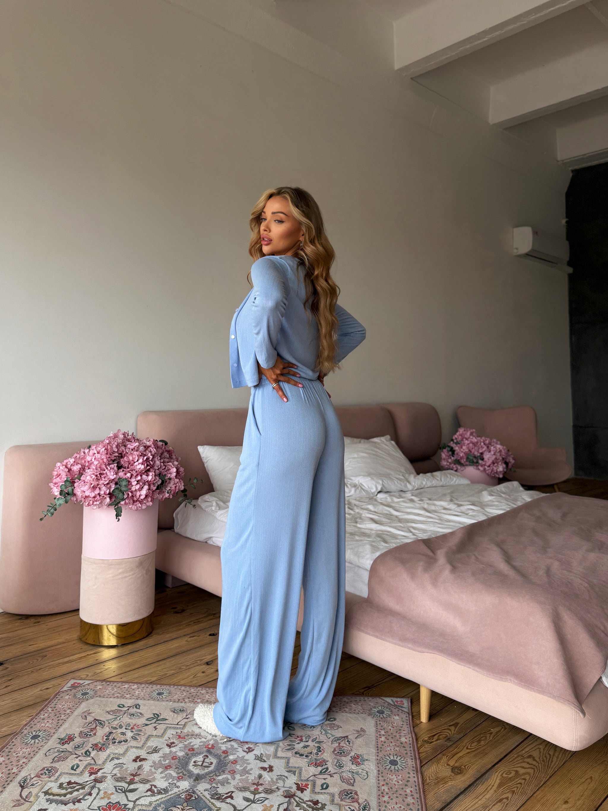 Blue Ribbed Knit Lounge Set