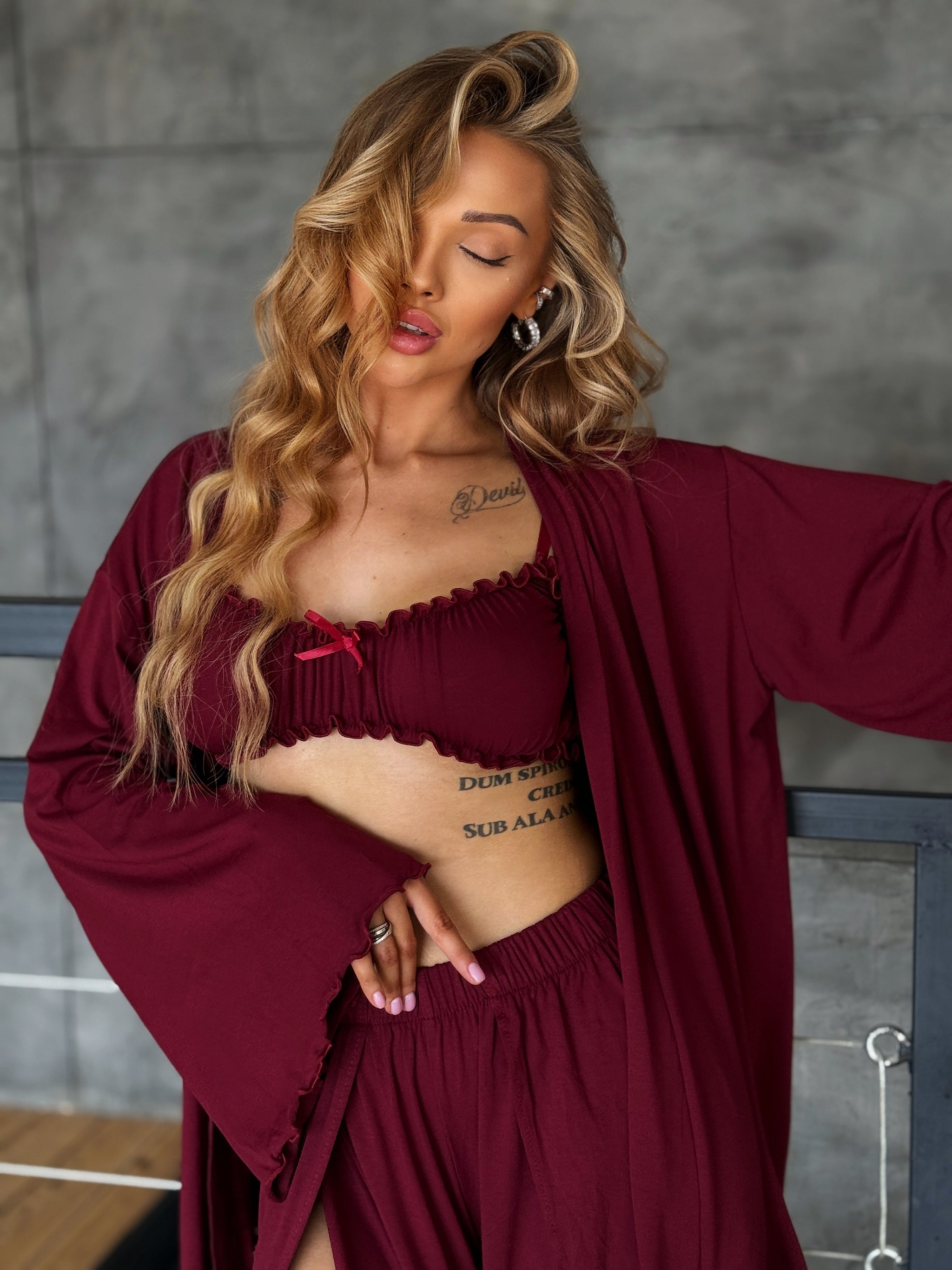 Burgundy Knit Three-Piece Lounge Set