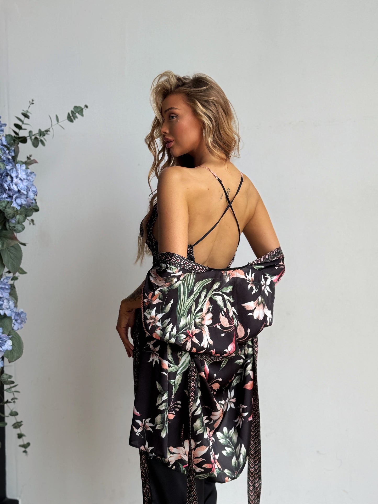 Black Floral Satin Pants Set