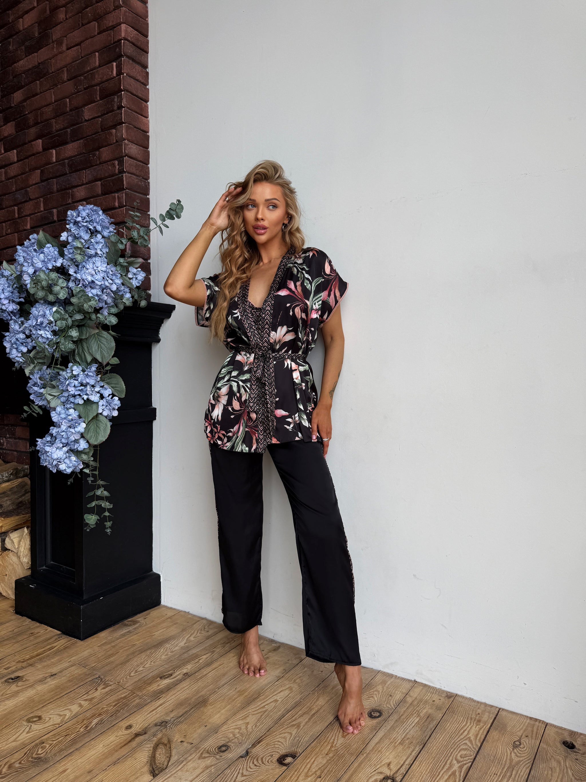 Black Floral Satin Pants Set