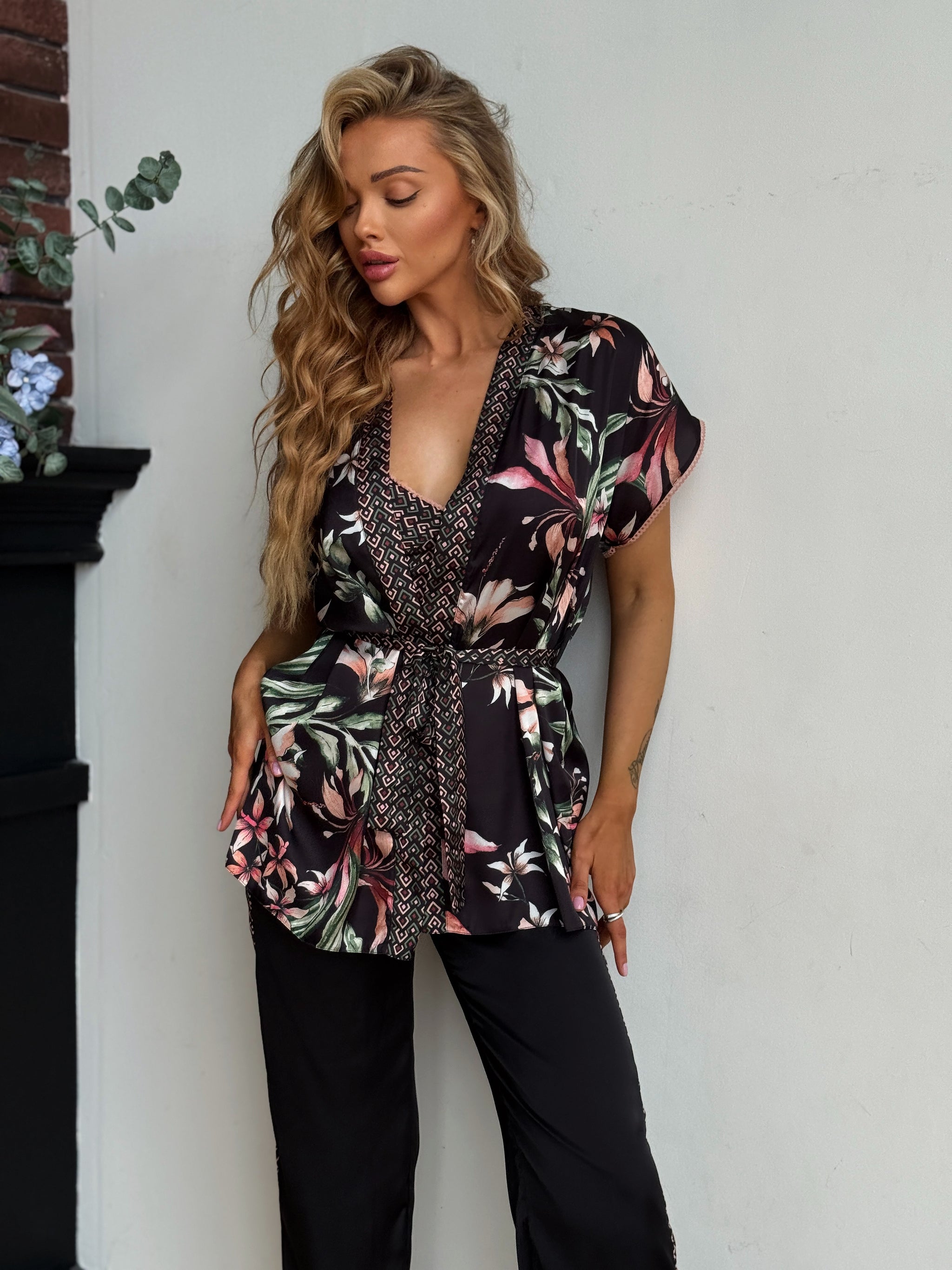 Black Floral Satin Pants Set