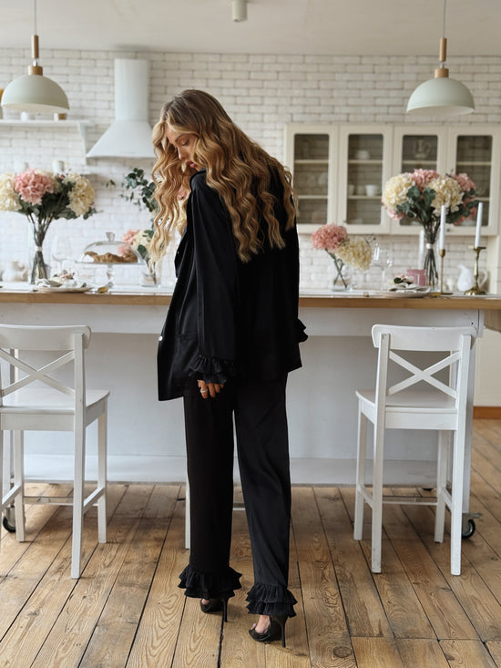 Black Satin Pajama Set with Ruffles