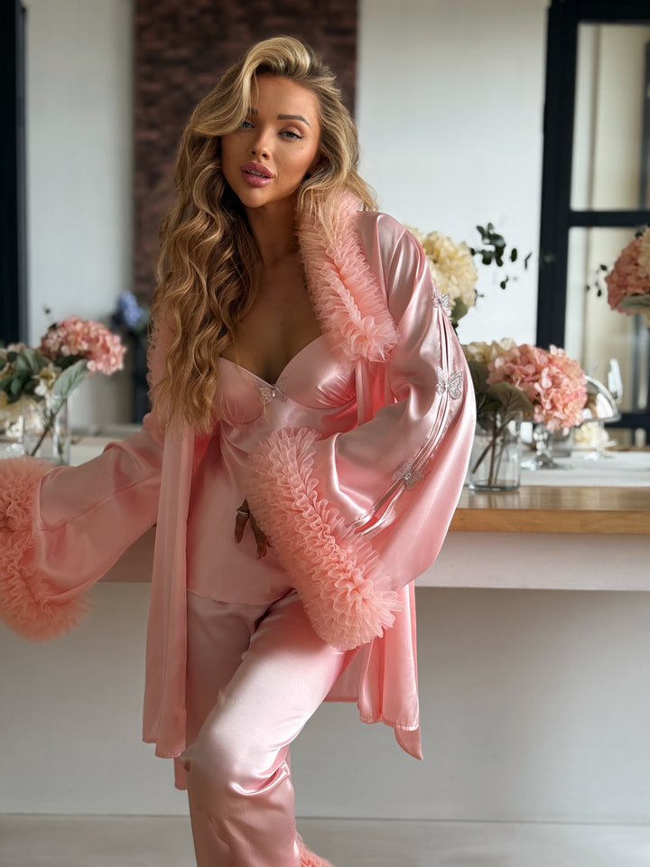 Pink Satin Pajama Set with Feather Trim
