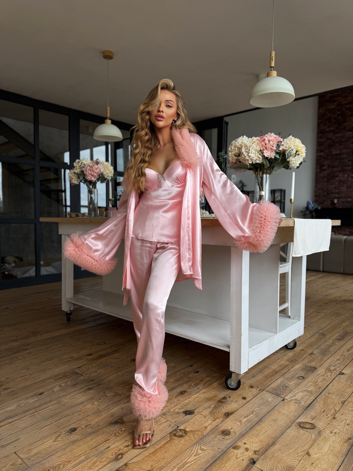Pink Satin Pajama Set with Feather Trim