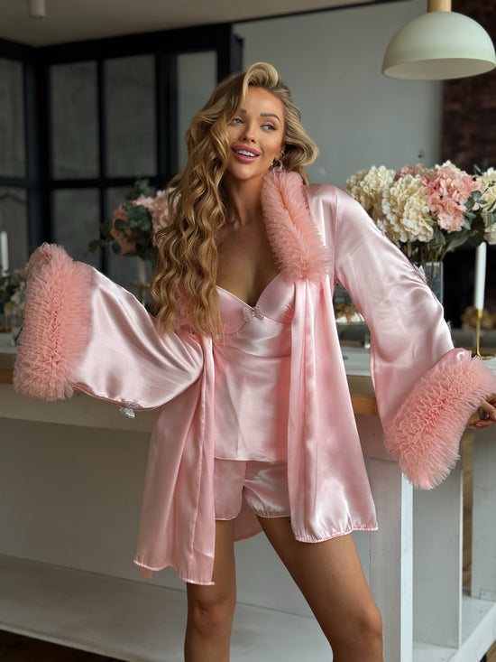 Pink Satin Pajama Set with Feather Trim