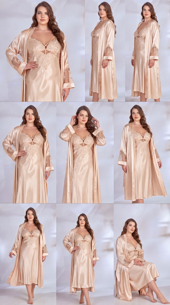 Plus Size Champagne Satin Nightgown & Robe Set