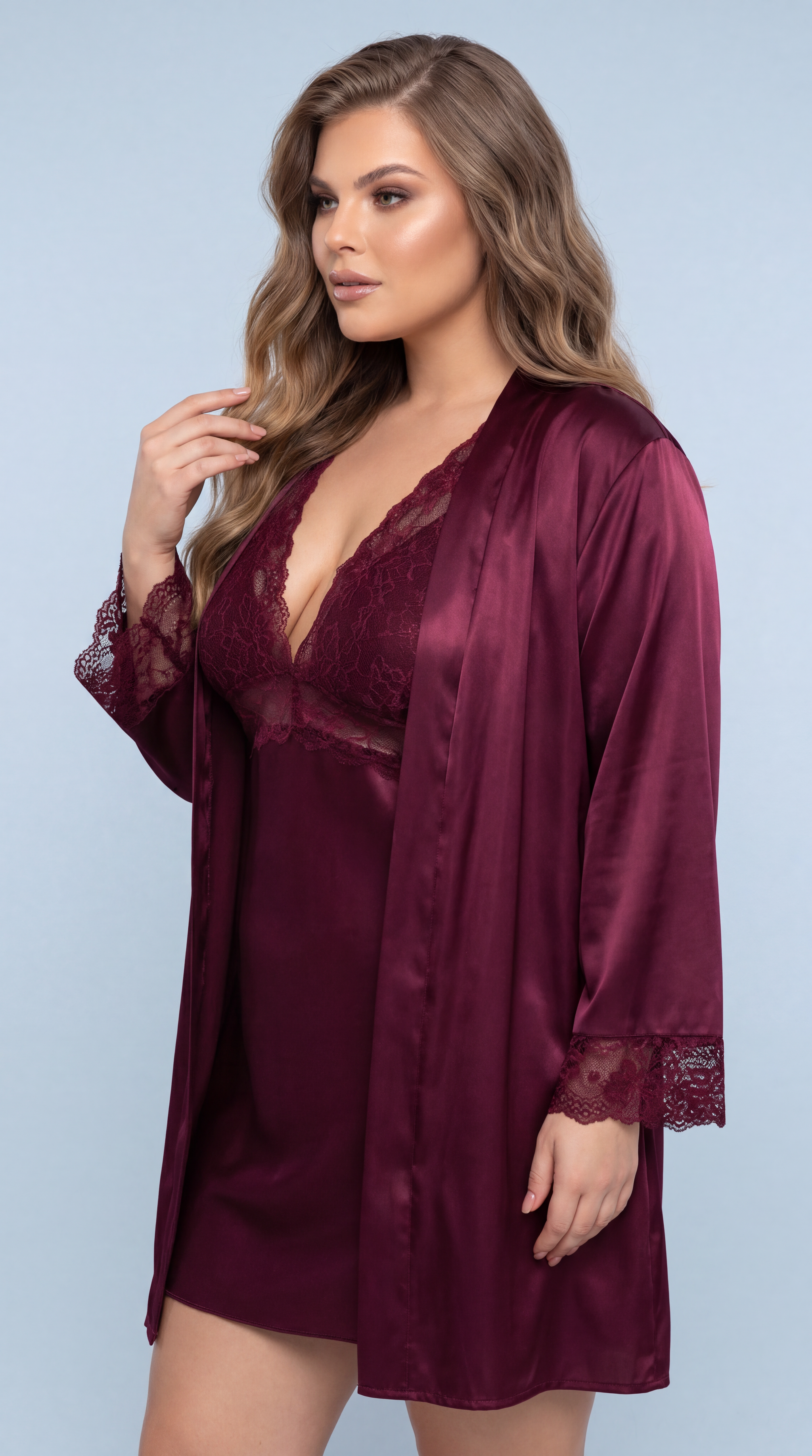 Plus Size Burgundy Satin Nightgown & Robe Set