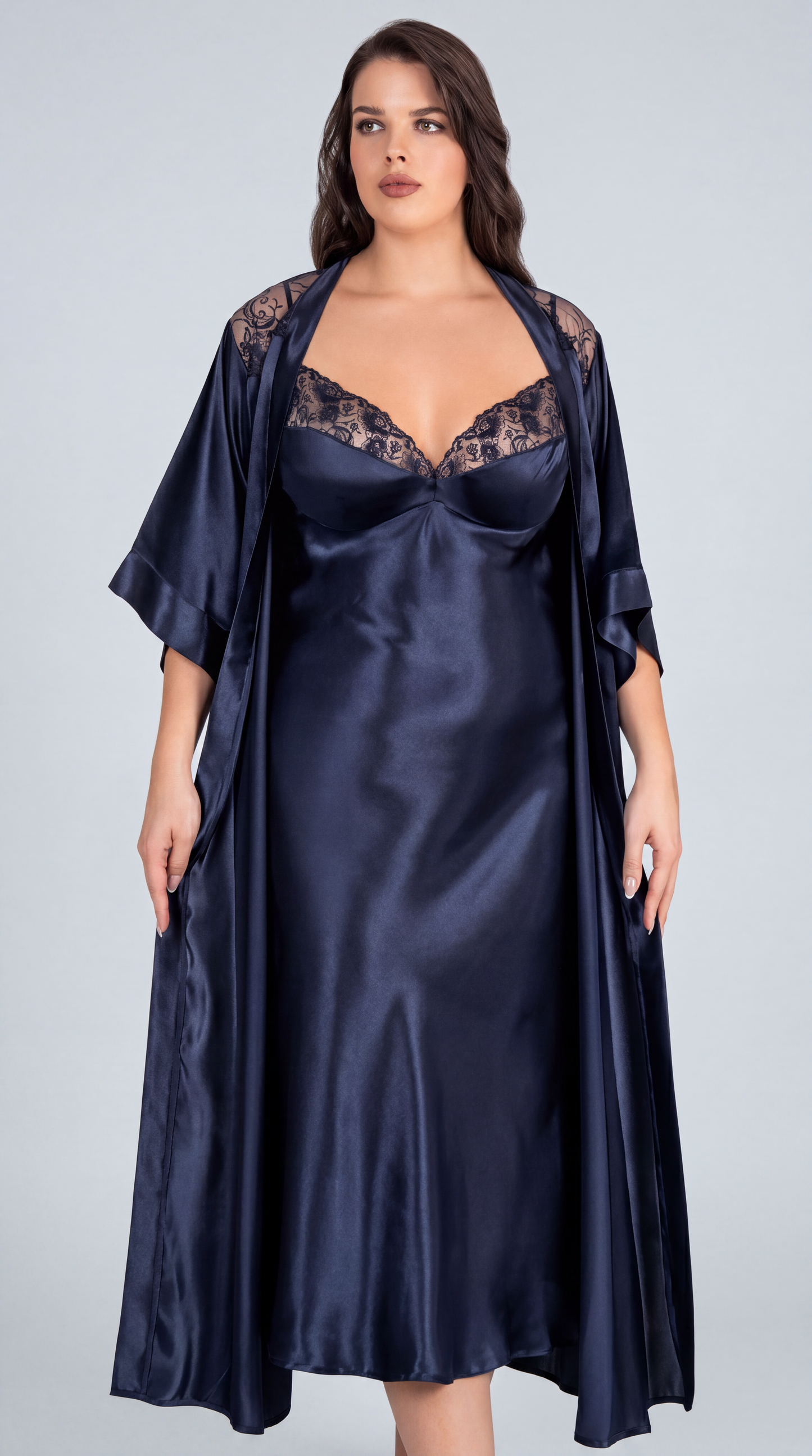 Plus Size Navy Satin Nightgown & Robe Set
