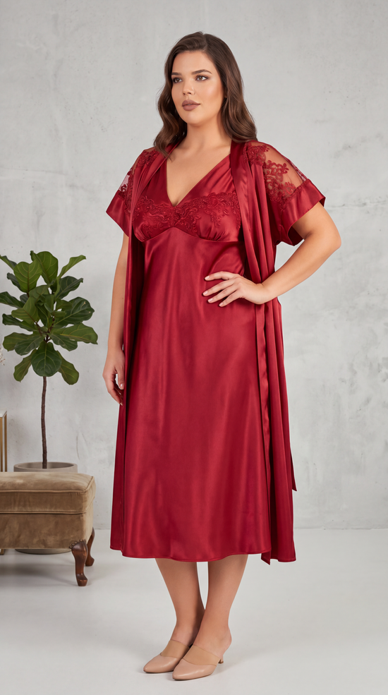 Plus Size Red Satin Nightgown & Robe Set
