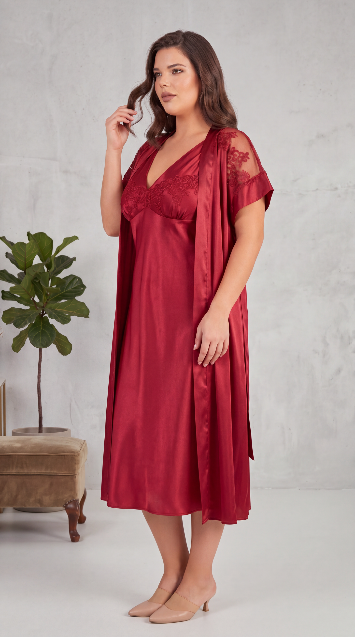 Plus Size Red Satin Nightgown & Robe Set