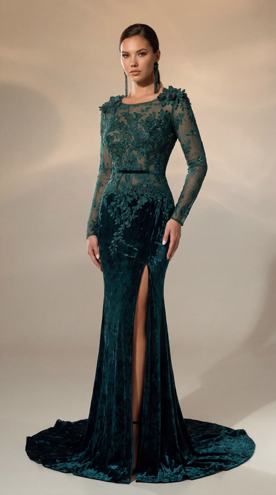 Emerald Velvet Lace Evening Gown