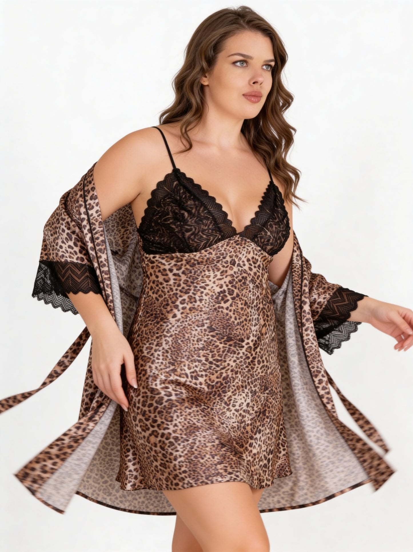 Plus Size Leopard Satin Nightgown & Robe Set