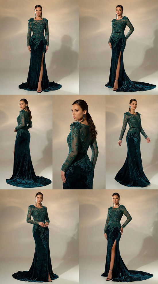 Emerald Velvet Lace Evening Gown
