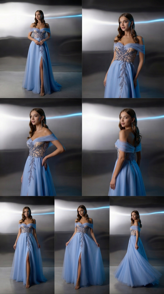 Blue Off-Shoulder Evening Gown