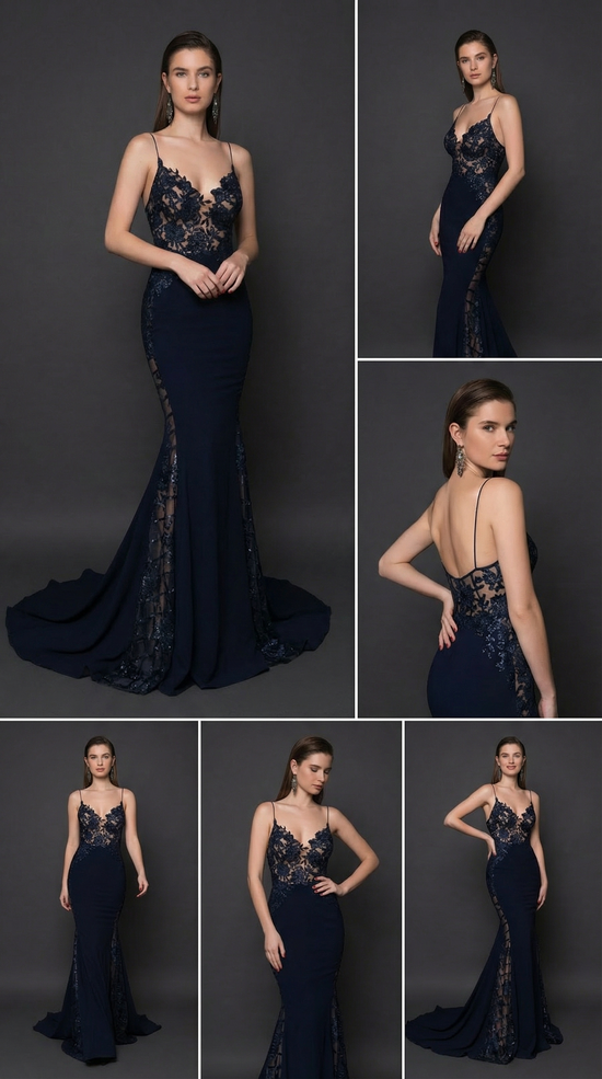 Navy Lace Mermaid Evening Gown