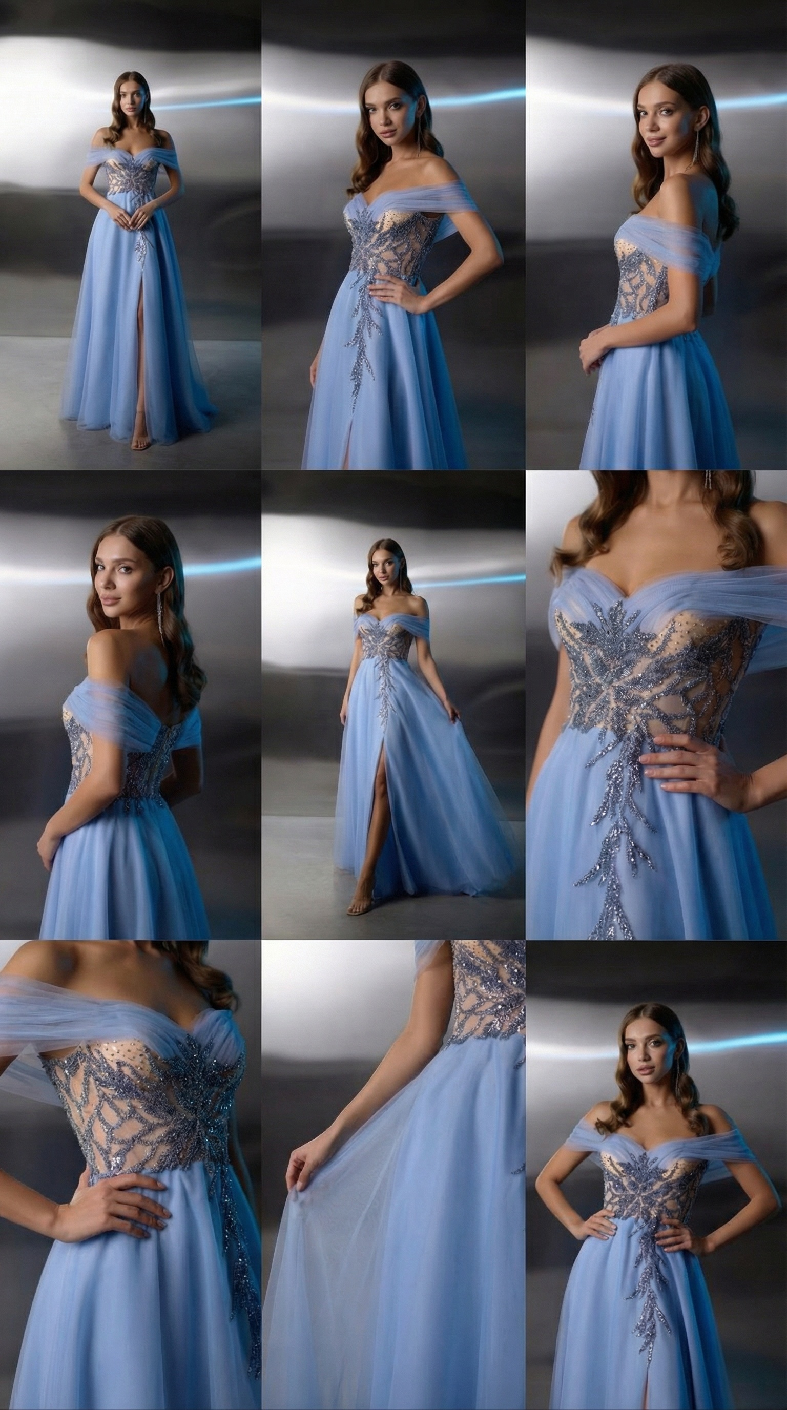 Blue Off-Shoulder Evening Gown