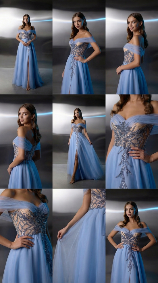 Blue Off-Shoulder Evening Gown