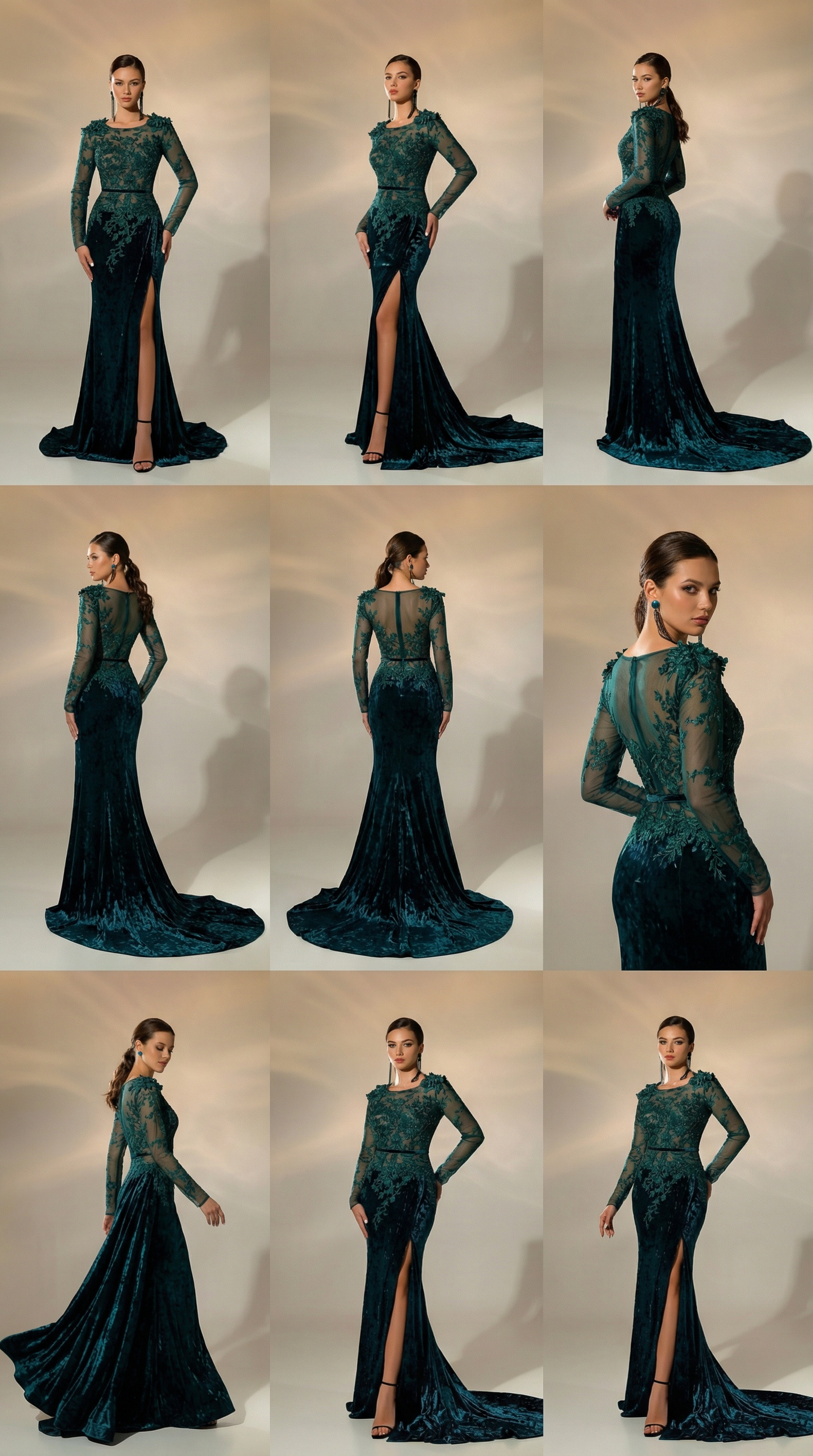 Emerald Velvet Lace Evening Gown