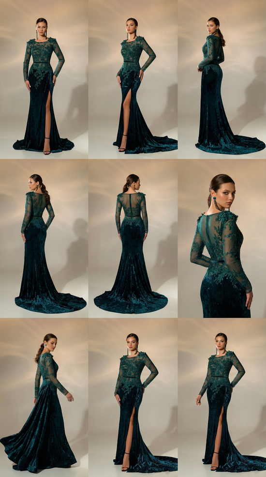 Emerald Velvet Lace Evening Gown