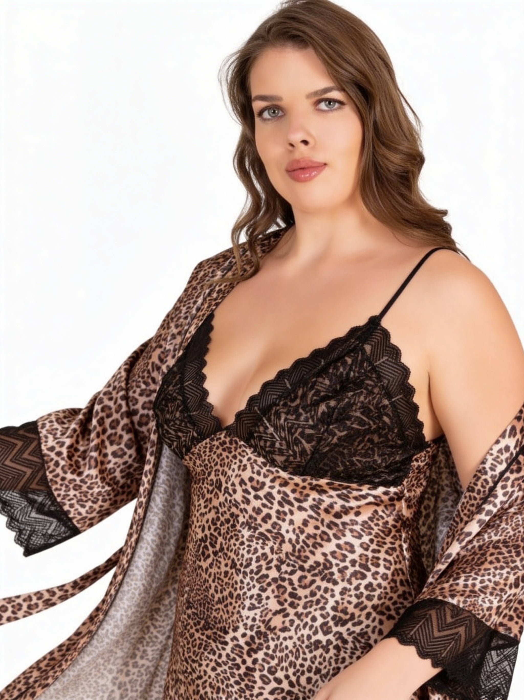 Plus Size Leopard Satin Nightgown & Robe Set