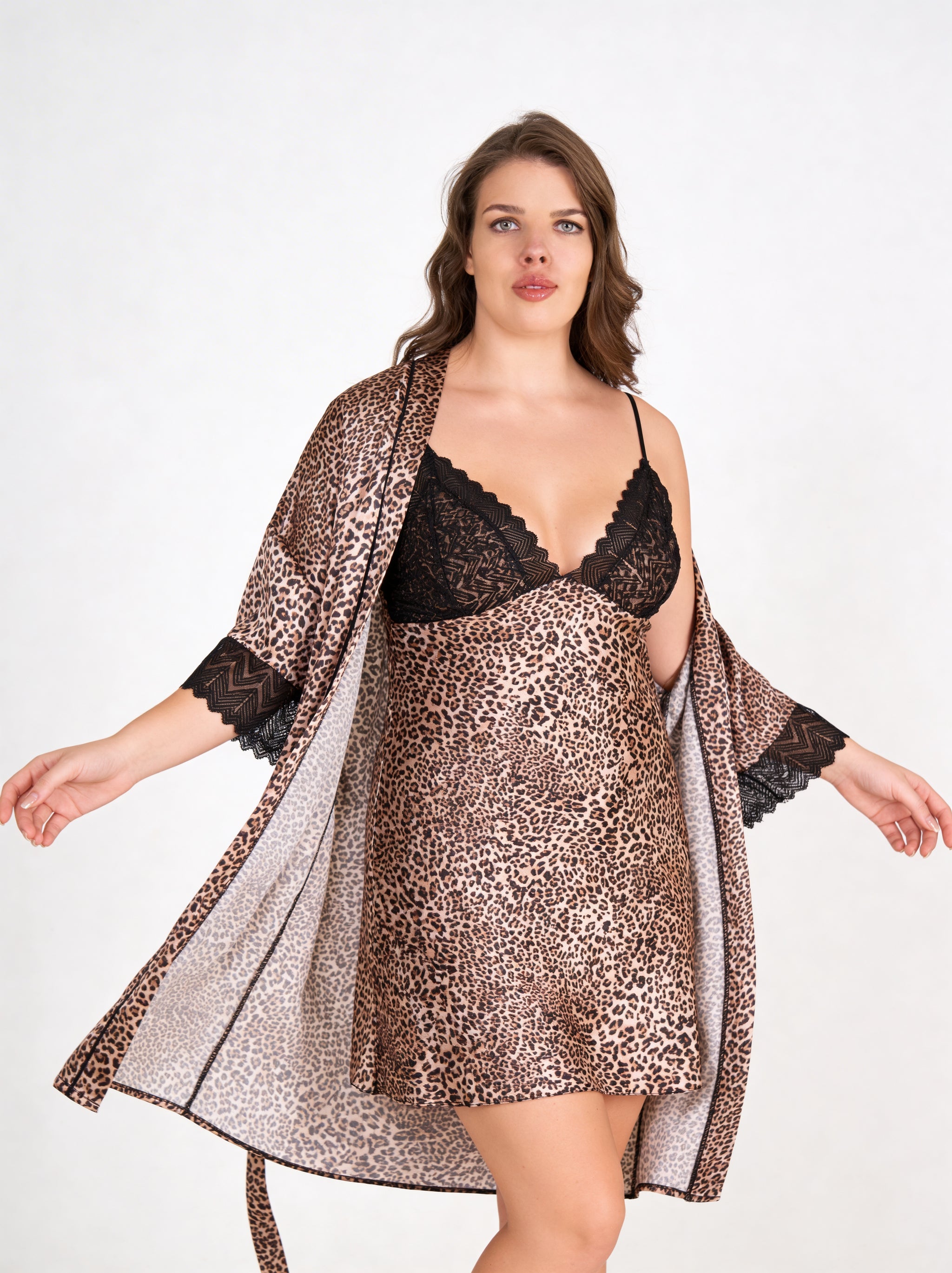 Plus Size Leopard Satin Nightgown & Robe Set