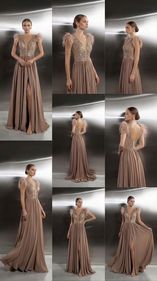 Champagne Feather Evening Gown